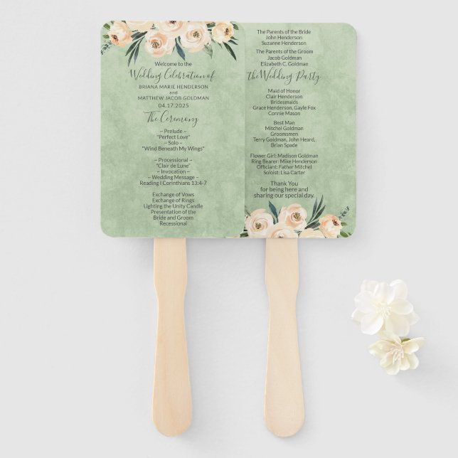 Floral Beige Blush Sage Green Wedding Program Hand Fan (Front and Back)