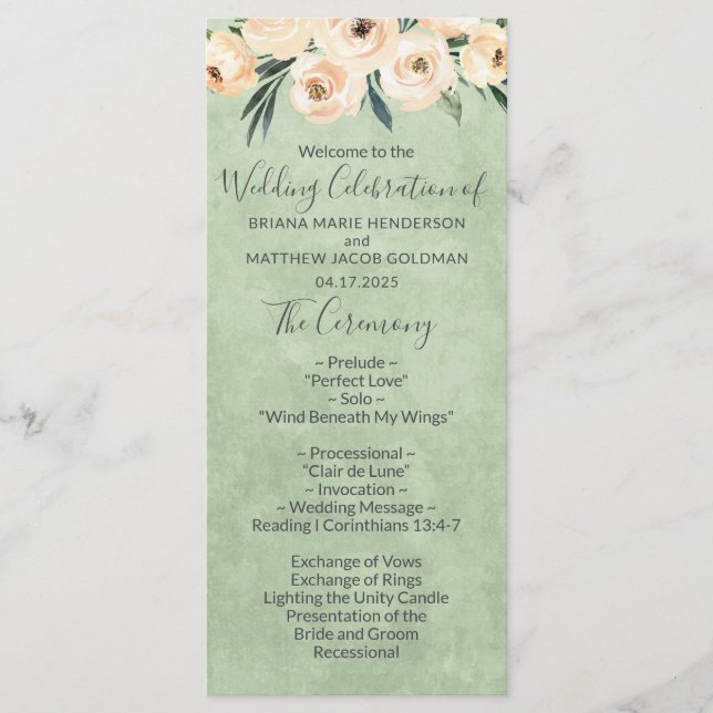 Floral Beige Blush Sage Green Wedding Program Programme (Front)