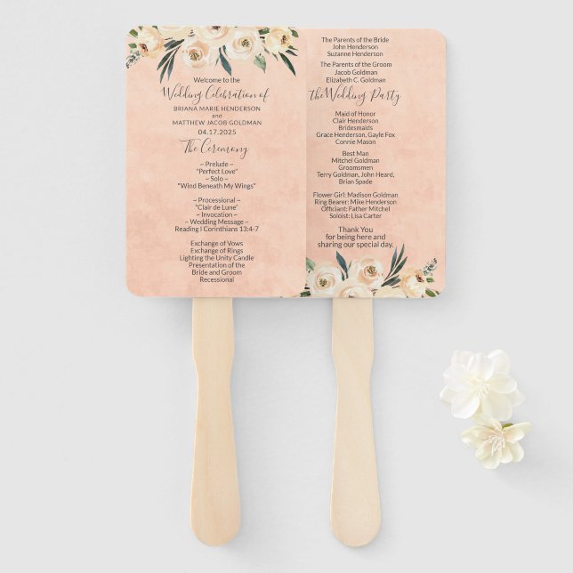 Floral Beige Blush Wedding Program Hand Fan (Front and Back)