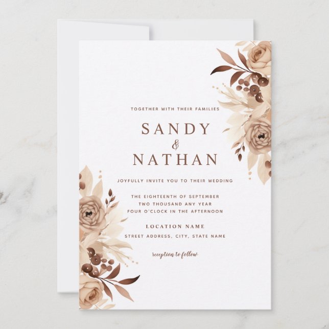 Floral Beige Boho Wedding Invitation (Front)
