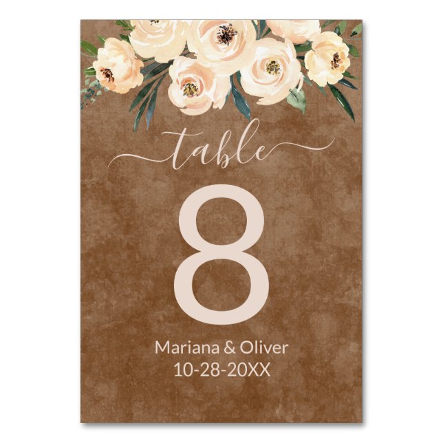 Floral Beige Brown Table Number (Front)