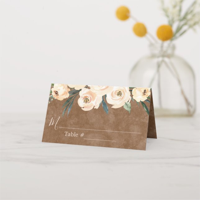 Floral Beige Brown Wedding Place Card (Front)