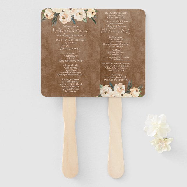 Floral Beige Brown Wedding Program Hand Fan (Front and Back)
