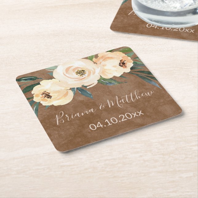 Floral Beige Brown Wedding Square Paper Coaster (Angled)