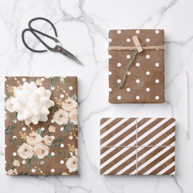 Floral Beige Brown Wedding Wrapping Paper Sheet (Front)