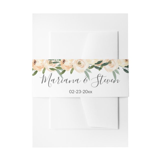 Floral Beige Gold Wedding Invitation Belly Band (Front Example)