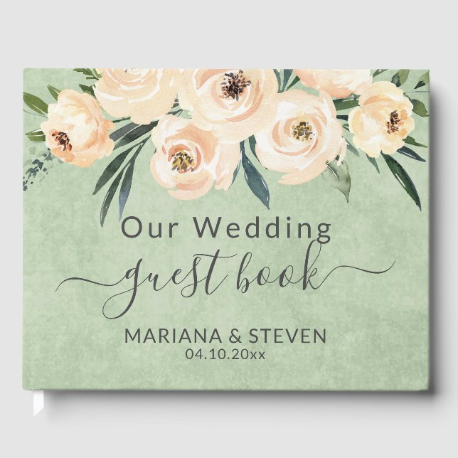 Floral Beige Green Wedding Guest Book (Front)