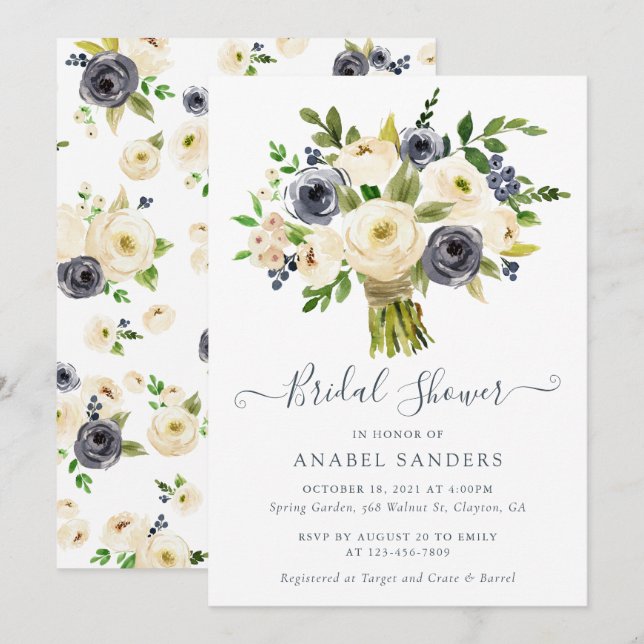Floral Beige Navy Watercolor Peonies Bridal Shower Invitation (Front/Back)