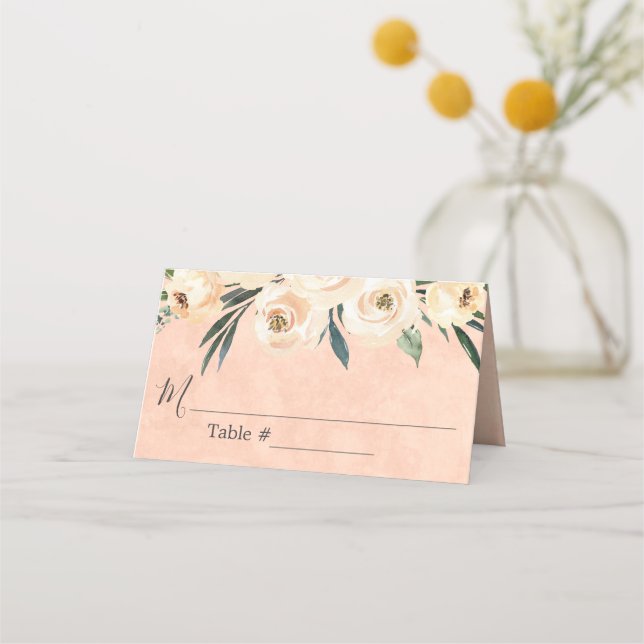 Floral Beige Pink Wedding Place Card (Front)