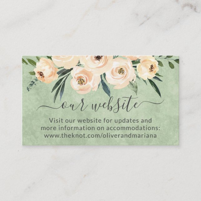Floral Beige Sage Green Wedding Website Enclosure Card (Front)