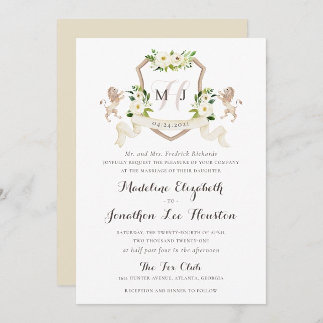Floral Beige White Greenery Elegant Ivory Crest Invitation (Front/Back)