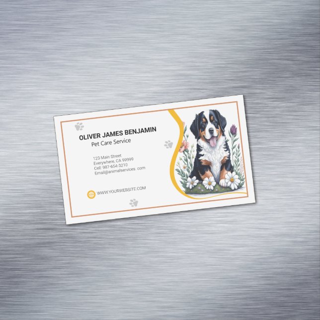Floral Bernese Mountain Dog Pet Care Service Magnetic Business Card (In Situ)