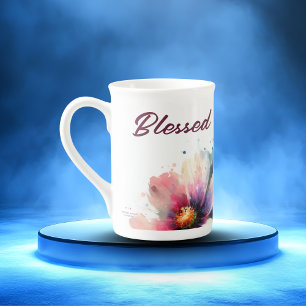   Floral Berry BLESSED Typography Design Bone China Mug