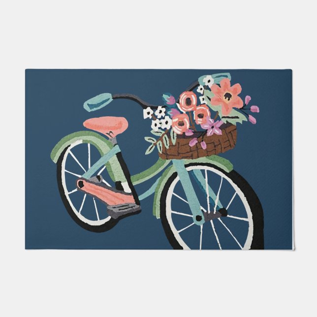  Floral Bicycle Doormat, Cute Blue Mat (Front)