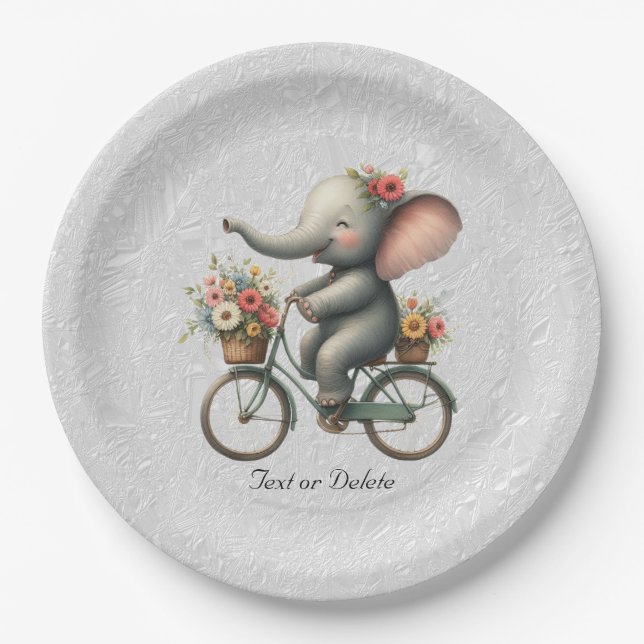 Floral Bicycle Elephant Paper Plate (Front)