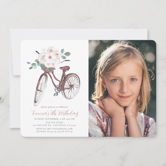 Floral Bicycle Girl Watercolor Birthday Photo Invitation (Front)
