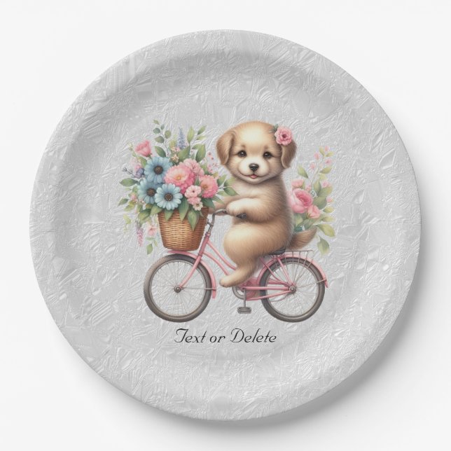 Floral Bicycle Puppy Paper Plate (Front)