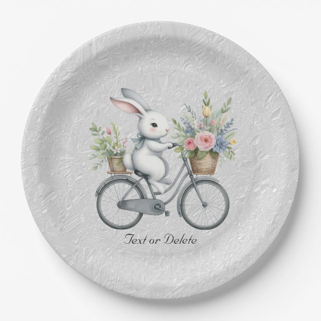 Floral Bicycle Rabbit Paper Plate (Front)