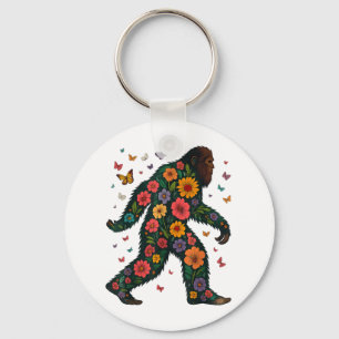 Floral Bigfoot Sasquatch Retro Colourful Flowers G Key Ring