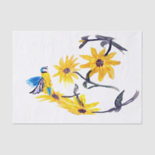 Floral Bird Art, Blue Tit Sunflowers Tissue Paper