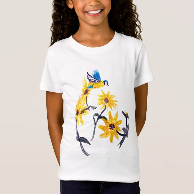 Floral Bird Art Yellow Sunflowers T-Shirt (Front)