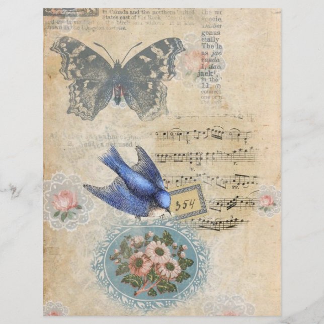 Floral Bird & Butterfly Collage Scrapbook Paper (Front)