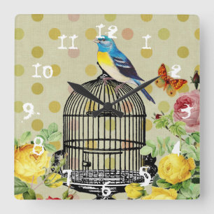 Floral Bird Cage Ephemera Granny Chic Square Wall Clock