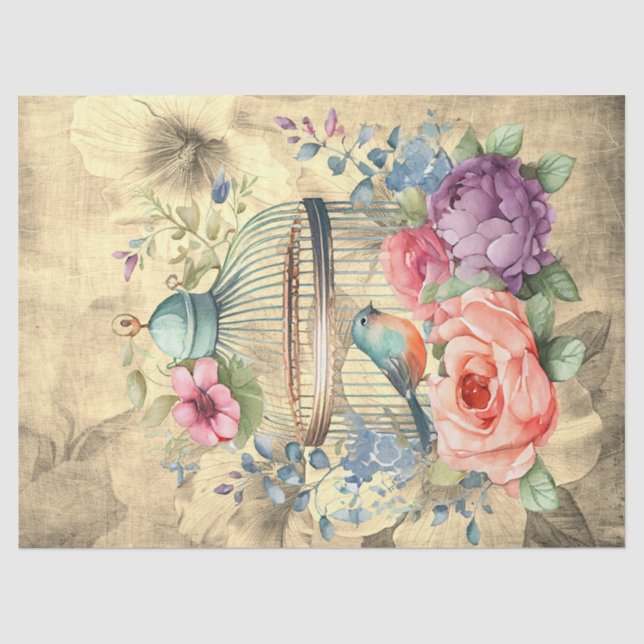 Floral Bird Cage Parchment Background Decoupage  Tissue Paper (Front)