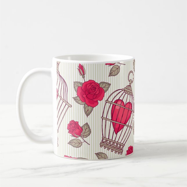 Floral Bird Cages Roses Pattern Coffee Mug (Left)