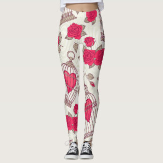 Floral Bird Cages Roses Pattern Leggings