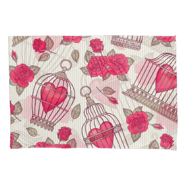 Floral Bird Cages Roses Pattern Pillowcase (Front)