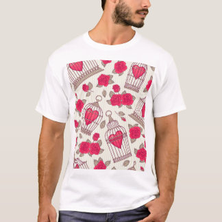 Floral Bird Cages Roses Pattern T-Shirt