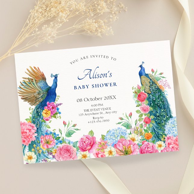 Floral bird peacock baby shower invitation (Creator Uploaded)