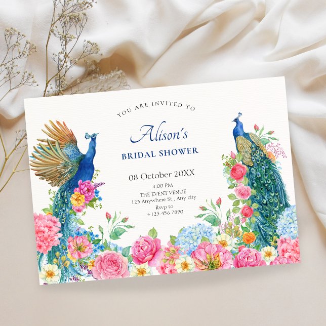 Floral bird peacock bridal shower invitation (Creator Uploaded)