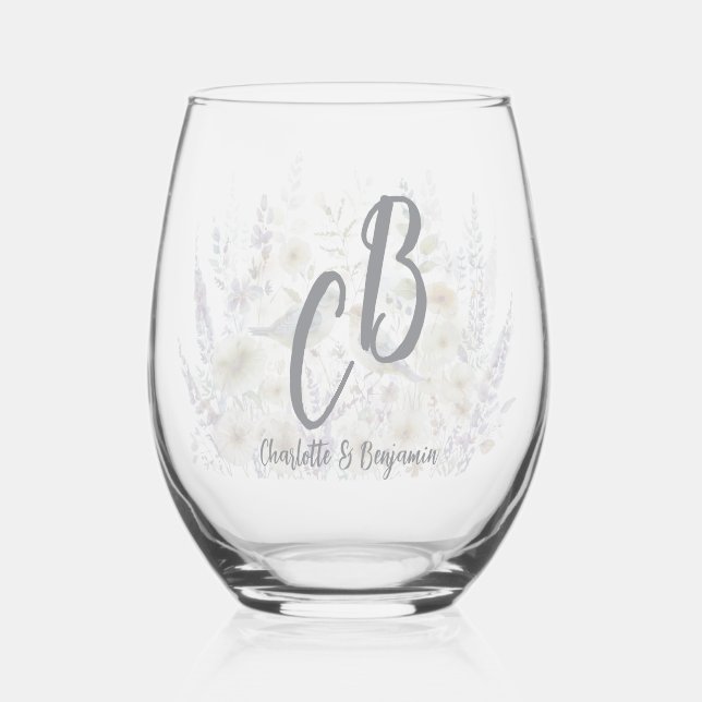 Floral Bird Personalized Best Mom Ever Script Mono Stemless Wine Glass (Front)