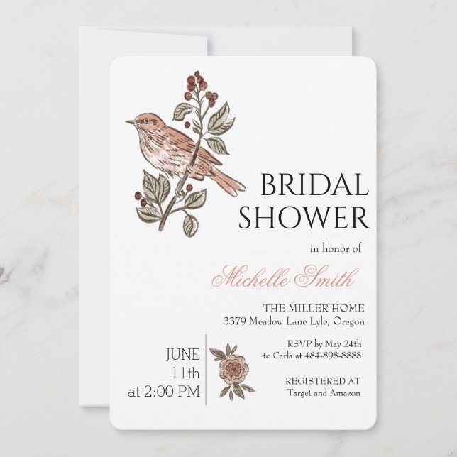 Floral Bird Summer Bridal Shower Invitation (Front)