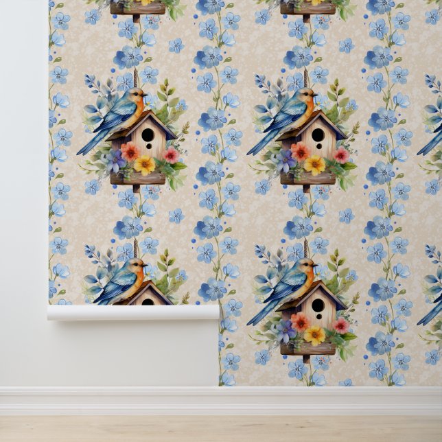 Floral Birdhouse Bird Striped Blue Texture Cream Wallpaper (Application)