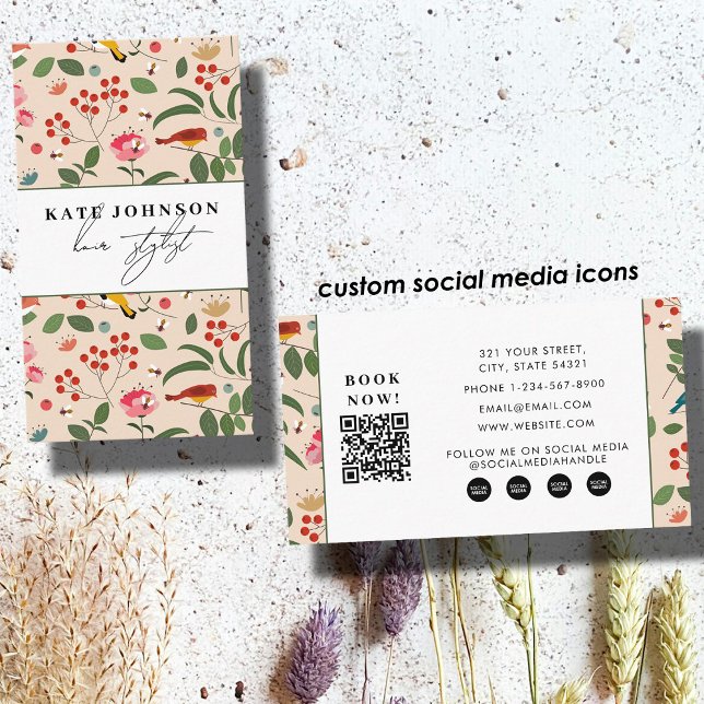 Floral Birds Bees Salon Hair Stylist Makeup  Business Card (Floral Birds Bees Salon Hair Stylist Makeup Business Card)
