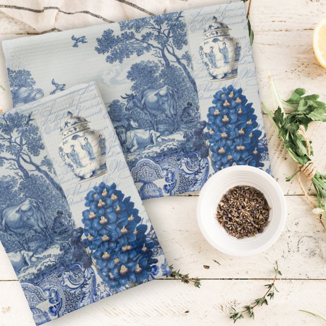Floral Birds English Garden Toile Blue and White Tea Towel (Creator Uploaded)