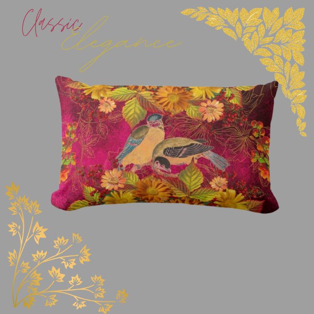 Floral & Birds Orange, Red, Yellow Cranberry  Lumbar Cushion (Creator Uploaded)