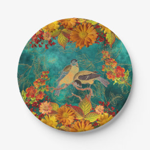 Floral & Birds Orange, Red, Yellow, Teal Backing Paper Plate