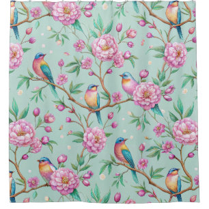 Floral Birds Pattern on Mint Background Shower Curtain