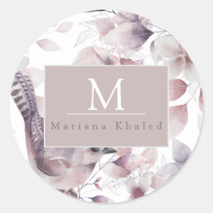 Floral Birds Purple and white nature baby shower Classic Round Sticker