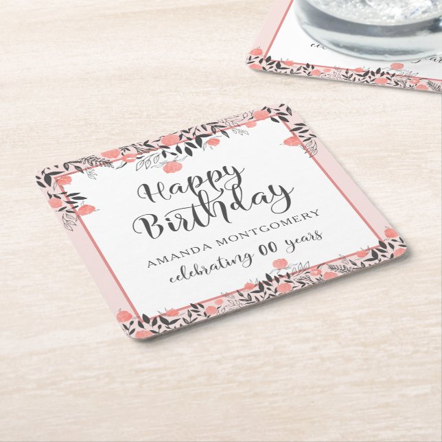 Floral Birthday ANY Age Rose Gold Blush Pink Name Square Paper Coaster (Angled)