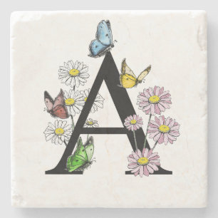 Floral Birthday Butterfly Monogram Letter A    Stone Coaster