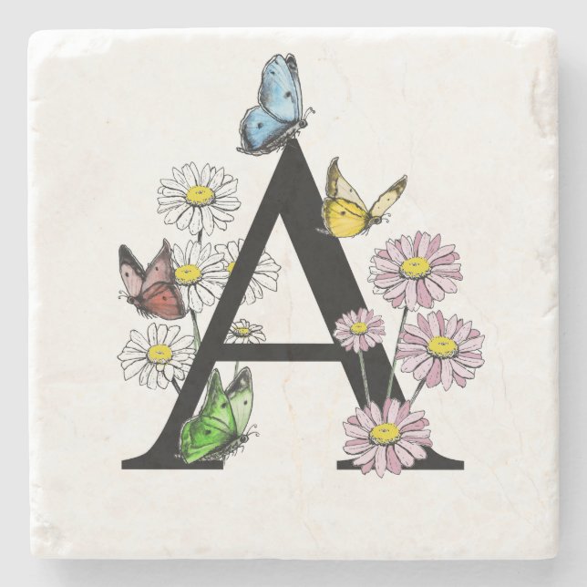 Floral Birthday Butterfly Monogram Letter A    Stone Coaster (Front)