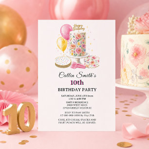 Floral Birthday Cake & Balloons Girls Age 10 Invitation
