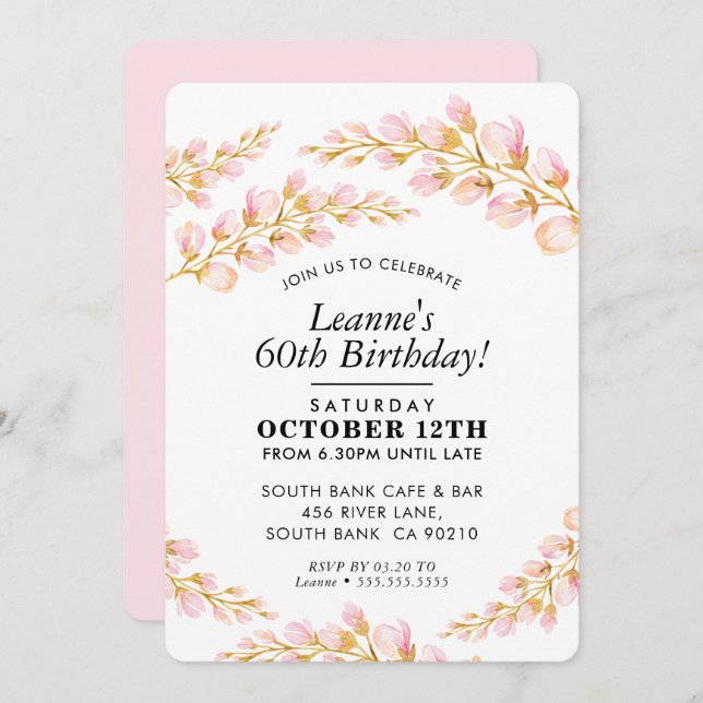 FLORAL BIRTHDAY PARTY INVITE stylish pretty pink (Front/Back)