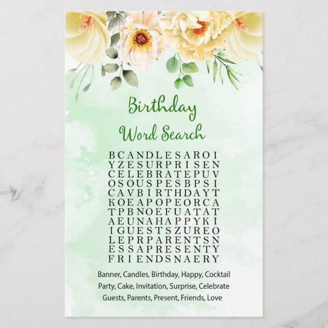Floral Birthday Word Search Game (Front)