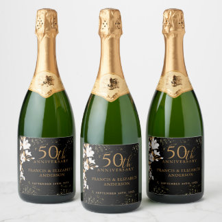 Floral Black and Gold 50th Wedding Anniversary Sparkling Wine Label